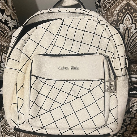 Calvin Klein Grid Pattern Women's Backpack - White and Black - Picture 1 of 5